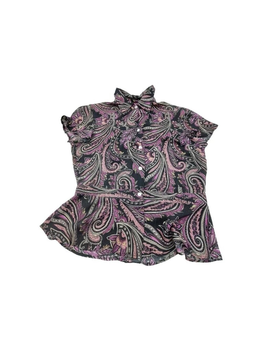 Lucy Pereda Peplum Top Size 8 Black Purple Paisley Button Up Flutter Sleeve